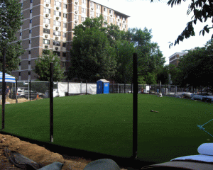 The dog park at 17th-S-New Hampshire NW opens Thursday at 4 p.m. The special artificial turf for dogs was put down earlier this summer. (Photo: Luis Gomez.)