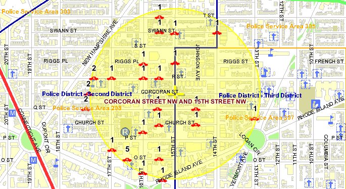 Click to enlarge: Thefts from autos are the most common type of crime in the Borderstan area; there were 30 in September 2009. This map shows a concentration west of 15th St. NW. (Map: MPD crime database)